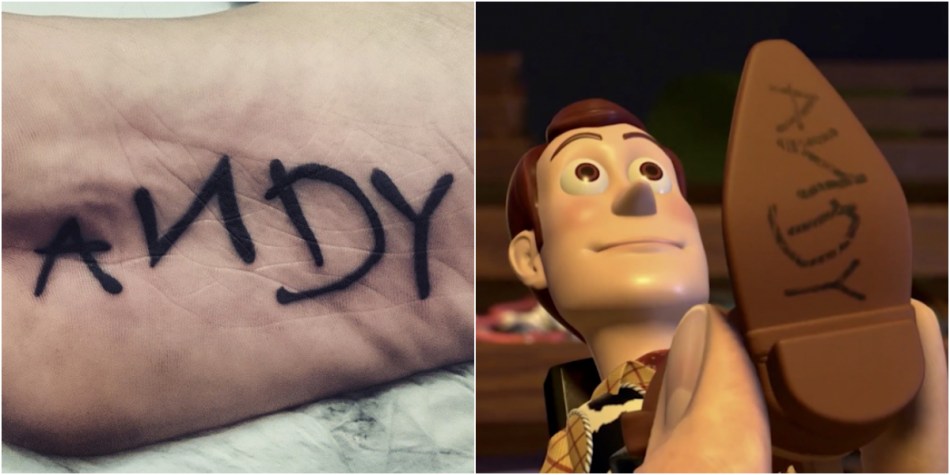 Tatuagem na sola do pé de Luiz, em homenagem ao personagem Woody, do filme Toy Story, que tem o nome do dono na sola da bota. Foto: Arquivo pessoal